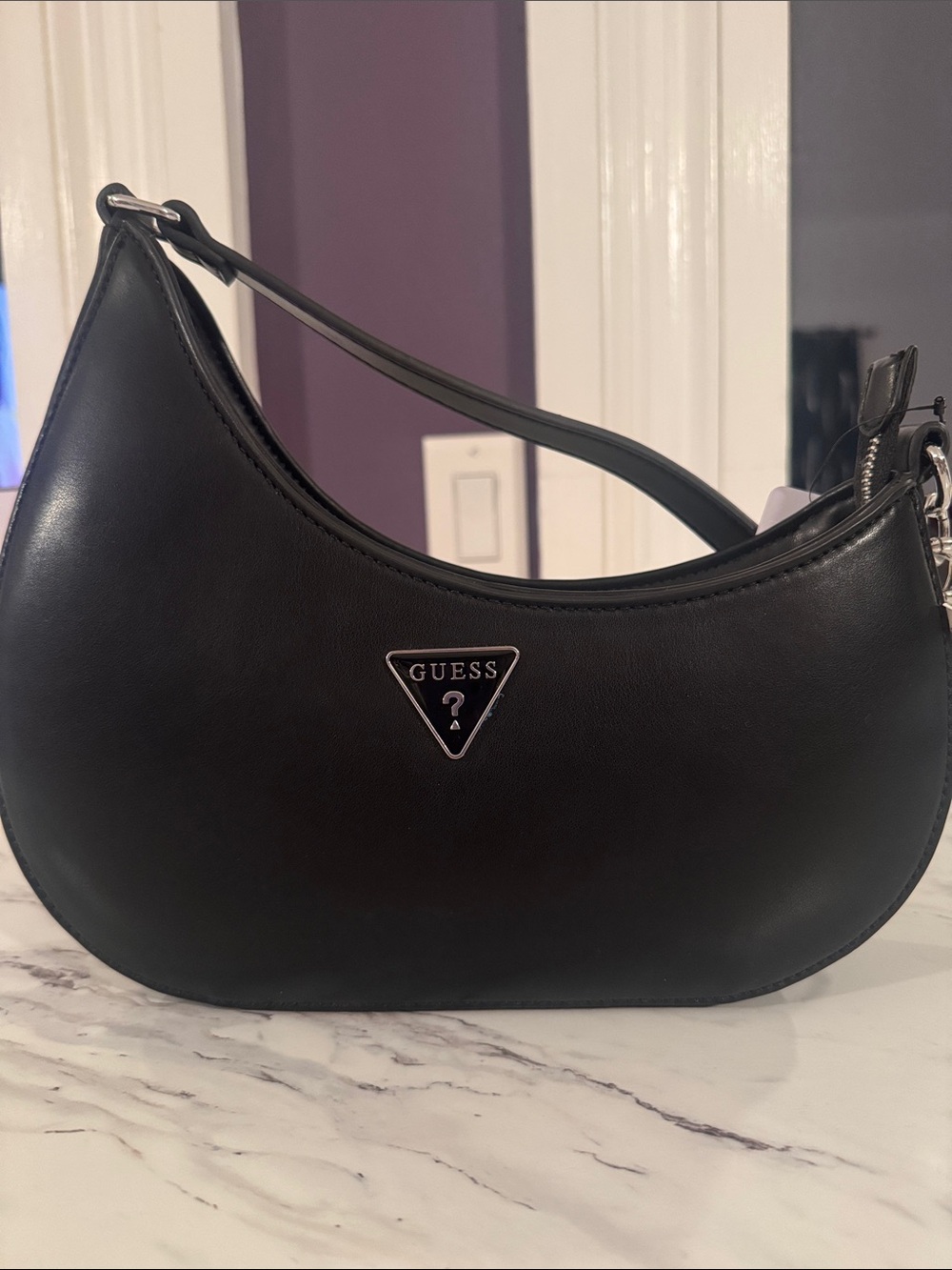 GUESS Black Crescent Shoulder Bag with Logo Plaque